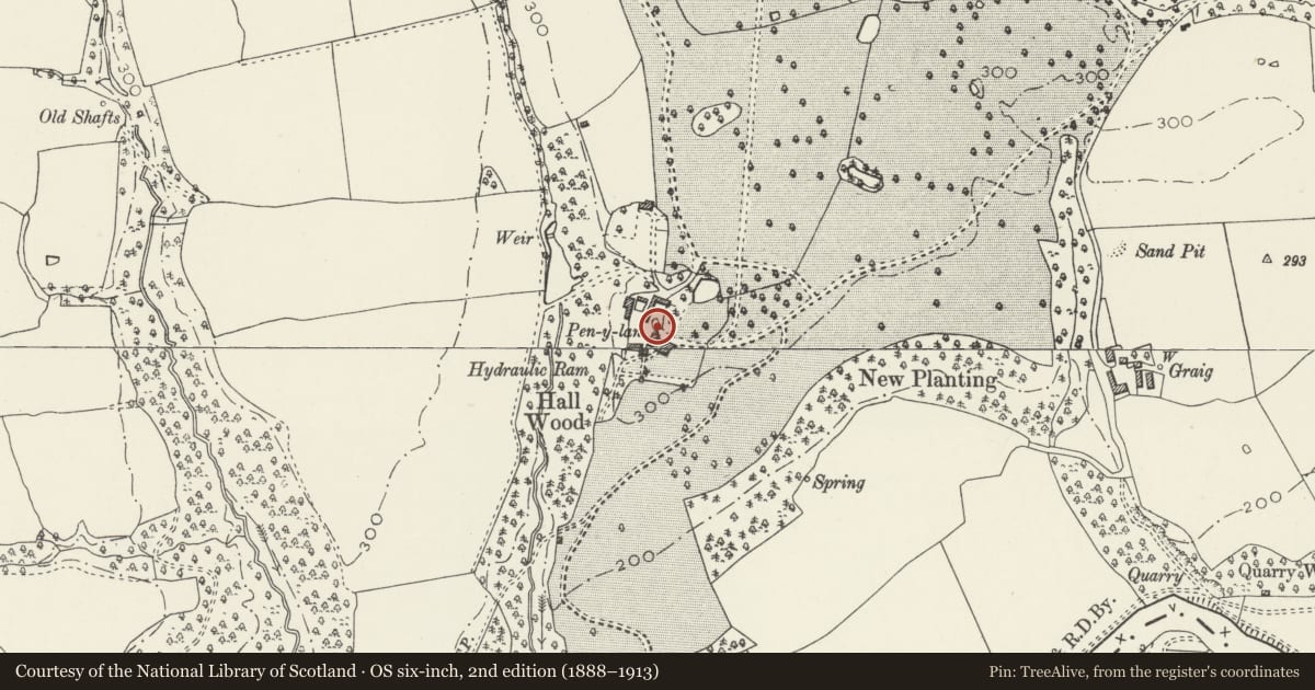 Ordnance Survey six-inch map, 2nd edition (1888–1913) covering the location of Gateway and attached Walls to NW of Pen-Y-Lan Hall, Ruabon, Wrexham, with a pin at the register's coordinates