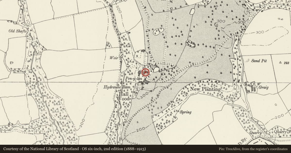 Ordnance Survey six-inch map, 2nd edition (1888–1913) covering the location of L-Shaped Stables at Pen-Y-Lan Hall, Ruabon, Wrexham, with a pin at the register's coordinates