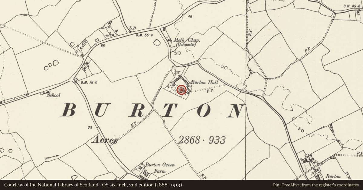 Ordnance Survey six-inch map, 2nd edition (1888–1913) covering the location of Burton Hall, Rossett, Wrexham, with a pin at the register's coordinates