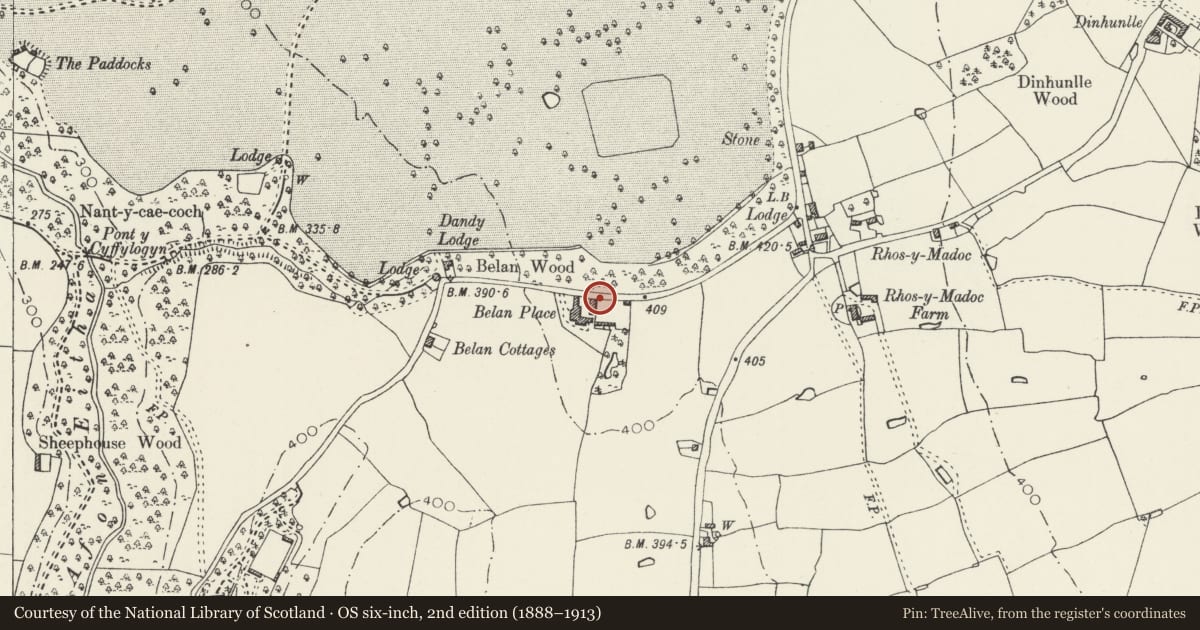 Ordnance Survey six-inch map, 2nd edition (1888–1913) covering the location of Stables, Ruabon, Wrexham, with a pin at the register's coordinates