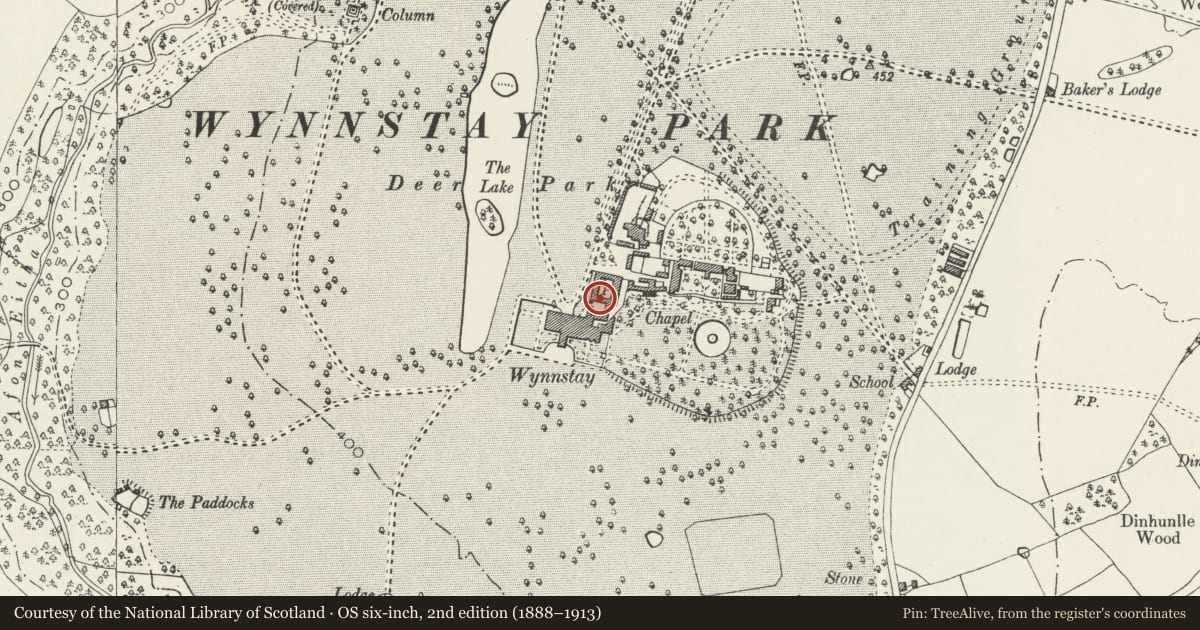 Ordnance Survey six-inch map, 2nd edition (1888–1913) covering the location of Stable block at Wynnstay Hall, Ruabon, Wrexham, with a pin at the register's coordinates