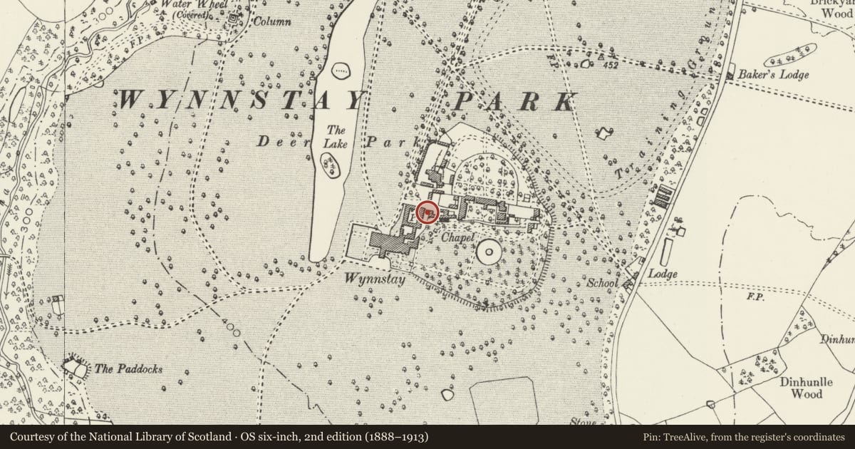 Ordnance Survey six-inch map, 2nd edition (1888–1913) covering the location of Game Larder at Wynnstay Hall, Ruabon, Wrexham, with a pin at the register's coordinates