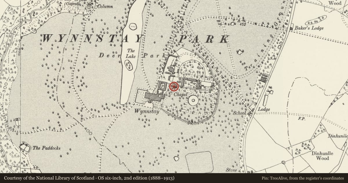 Ordnance Survey six-inch map, 2nd edition (1888–1913) covering the location of Chapel at Wynnstay Hall, Ruabon, Wrexham, with a pin at the register's coordinates