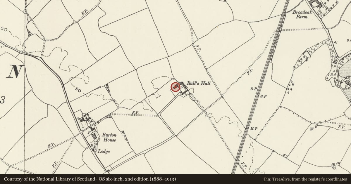 Ordnance Survey six-inch map, 2nd edition (1888–1913) covering the location of Ball's Hall, Rossett, Wrexham, with a pin at the register's coordinates