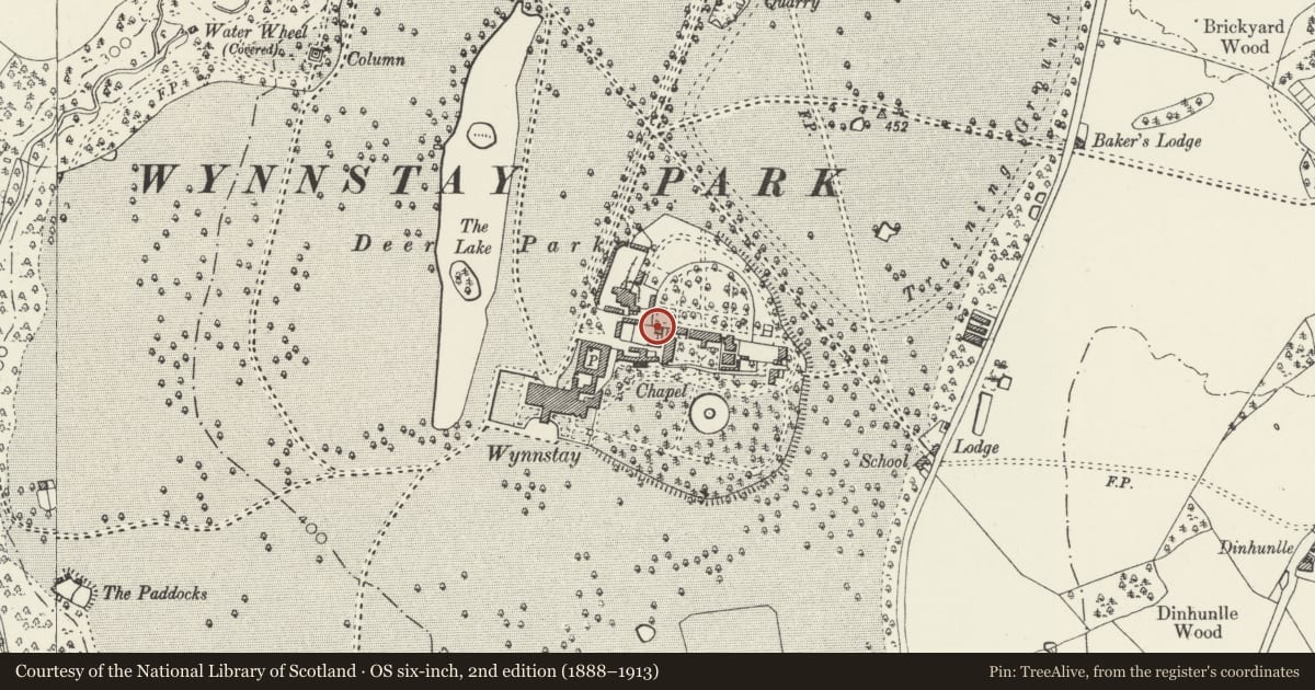 Ordnance Survey six-inch map, 2nd edition (1888–1913) covering the location of Estate Cottage at Wynnstay Hall, Ruabon, Wrexham, with a pin at the register's coordinates