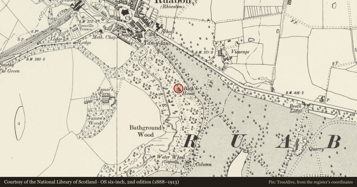 Ordnance Survey six-inch map, 2nd edition (1888–1913) covering the location of Plunge Pool, Ruabon, Wrexham, with a pin at the register's coordinates