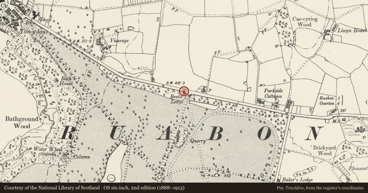 Ordnance Survey six-inch map, 2nd edition (1888–1913) covering the location of Broth Lodge (West) including attached screen wall and gatepiers, Ruabon, Wrexham, with a pin at the register's coordinates