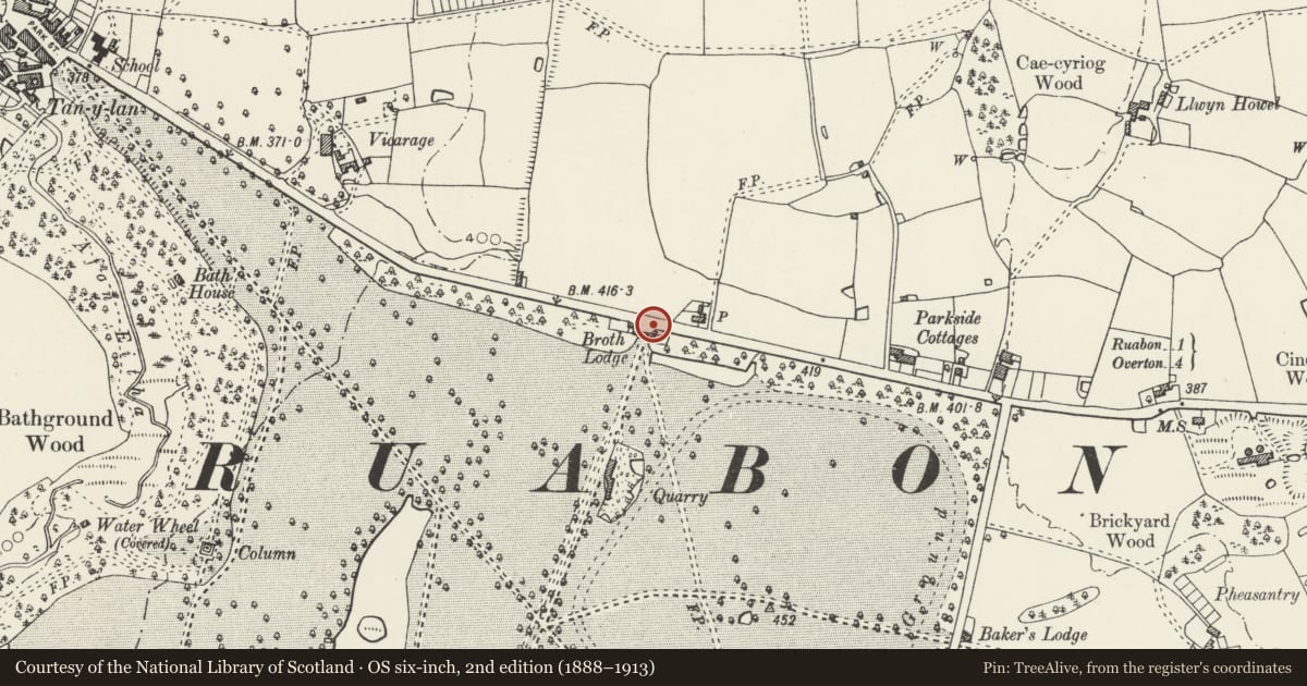 Ordnance Survey six-inch map, 2nd edition (1888–1913) covering the location of Broth Lodge (East) including attached screen wall and gatepiers, Ruabon, Wrexham, with a pin at the register's coordinates