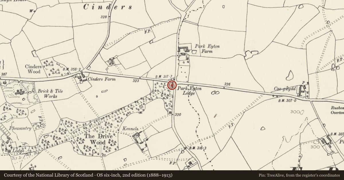 Ordnance Survey six-inch map, 2nd edition (1888–1913) covering the location of Park Eyton Lodge (also known as Kennels Lodge), Ruabon, Wrexham, with a pin at the register's coordinates