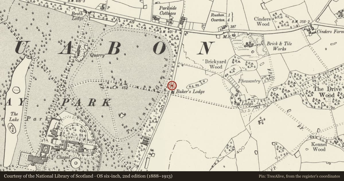Ordnance Survey six-inch map, 2nd edition (1888–1913) covering the location of Gates and Gate piers at Bakers Lodge, Ruabon, Wrexham, with a pin at the register's coordinates