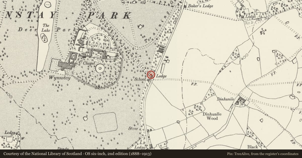 Ordnance Survey six-inch map, 2nd edition (1888–1913) covering the location of School Lodge (including attached Colonnade), Ruabon, Wrexham, with a pin at the register's coordinates