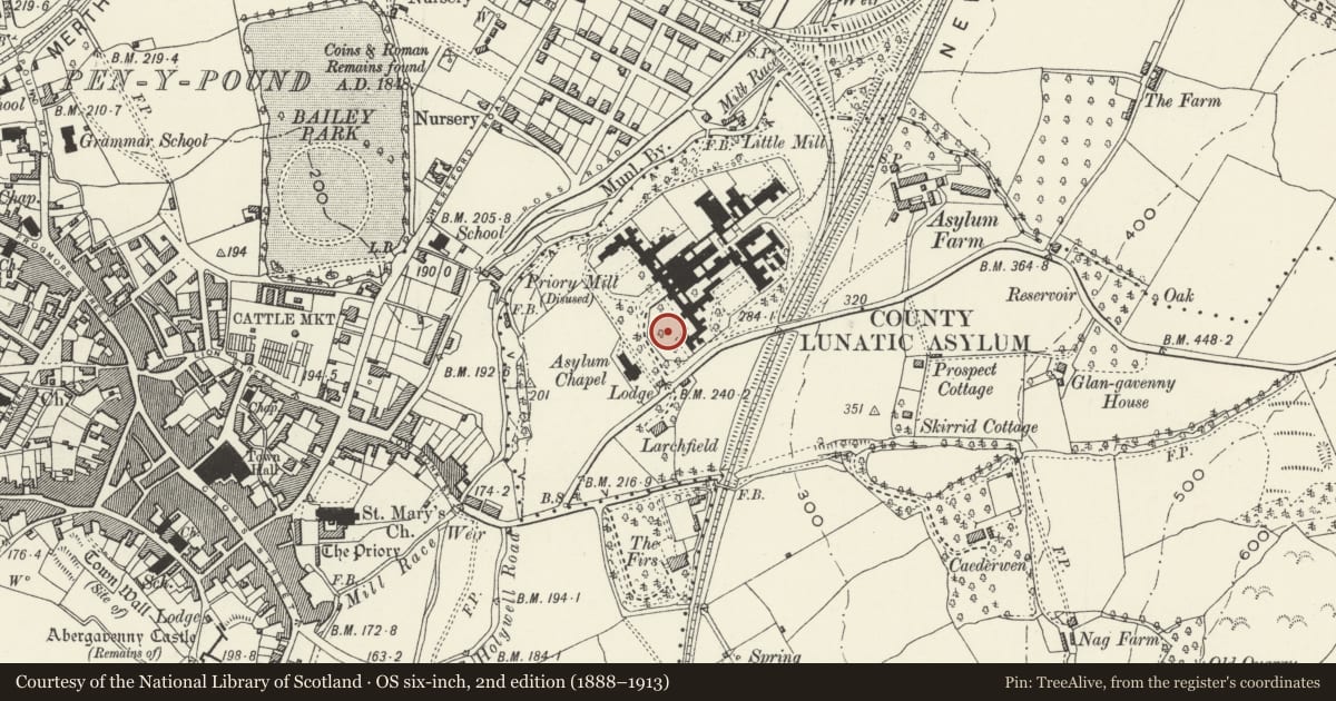 Ordnance Survey six-inch map, 2nd edition (1888–1913) covering the location of Rectangular Shelter in the grounds of Pen-y-fal, Abergavenny, Monmouthshire, with a pin at the register's coordinates