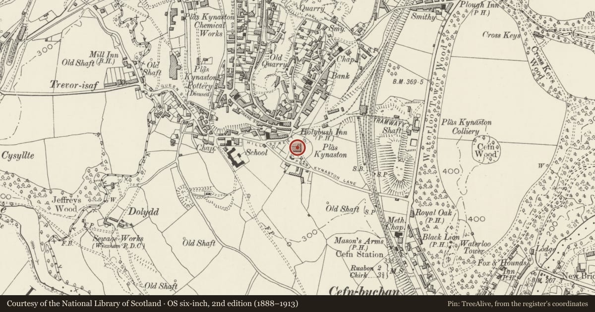 Ordnance Survey six-inch map, 2nd edition (1888–1913) covering the location of Plas Kynaston, Cefn, Wrexham, with a pin at the register's coordinates