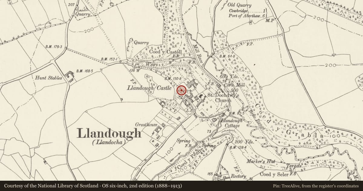 Ordnance Survey six-inch map, 2nd edition (1888–1913) covering the location of NE, SE and SW Walls, Gatepiers and Railings enclosing Landough Castle and Gatehouse, Llanfair, Vale of Glamorgan, with a pin at the register's coordinates