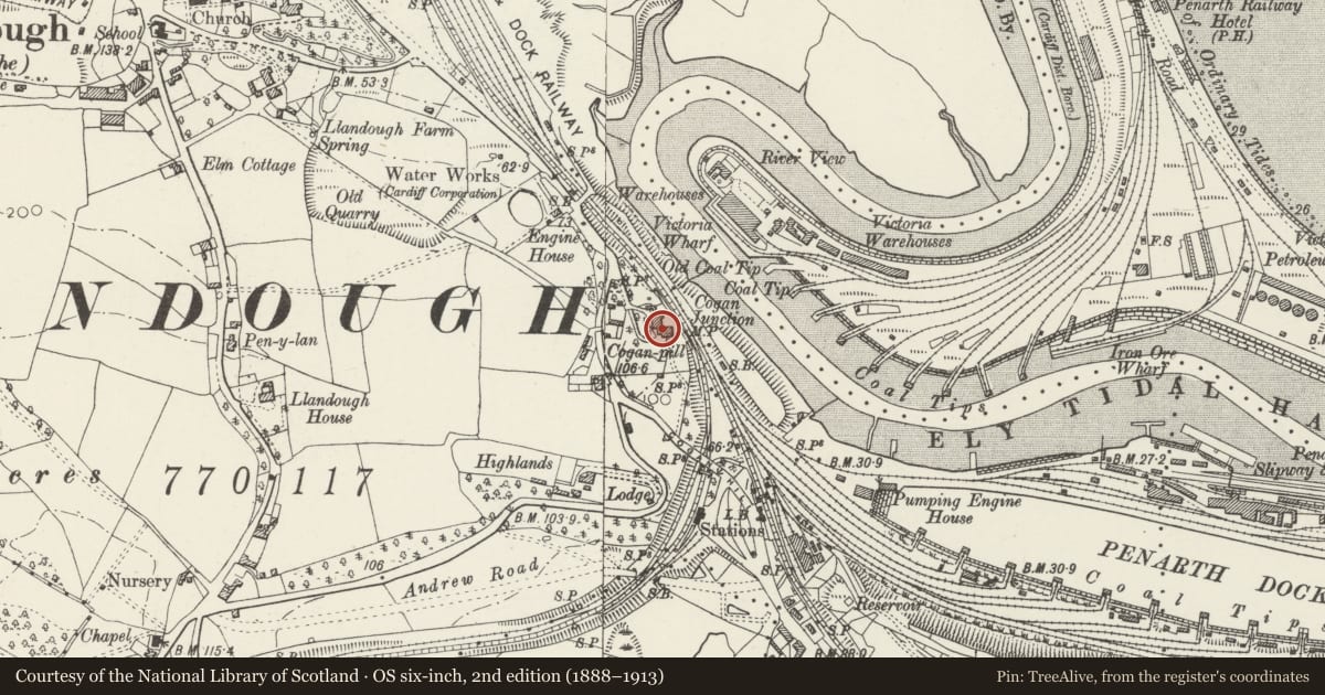 Ordnance Survey six-inch map, 2nd edition (1888–1913) covering the location of Barons Court PH, Llandough, Vale of Glamorgan, with a pin at the register's coordinates