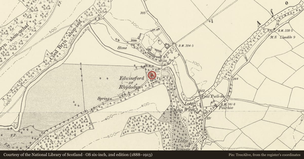 Ordnance Survey six-inch map, 2nd edition (1888–1913) covering the location of Edwinsford, Talley, Carmarthenshire, with a pin at the register's coordinates