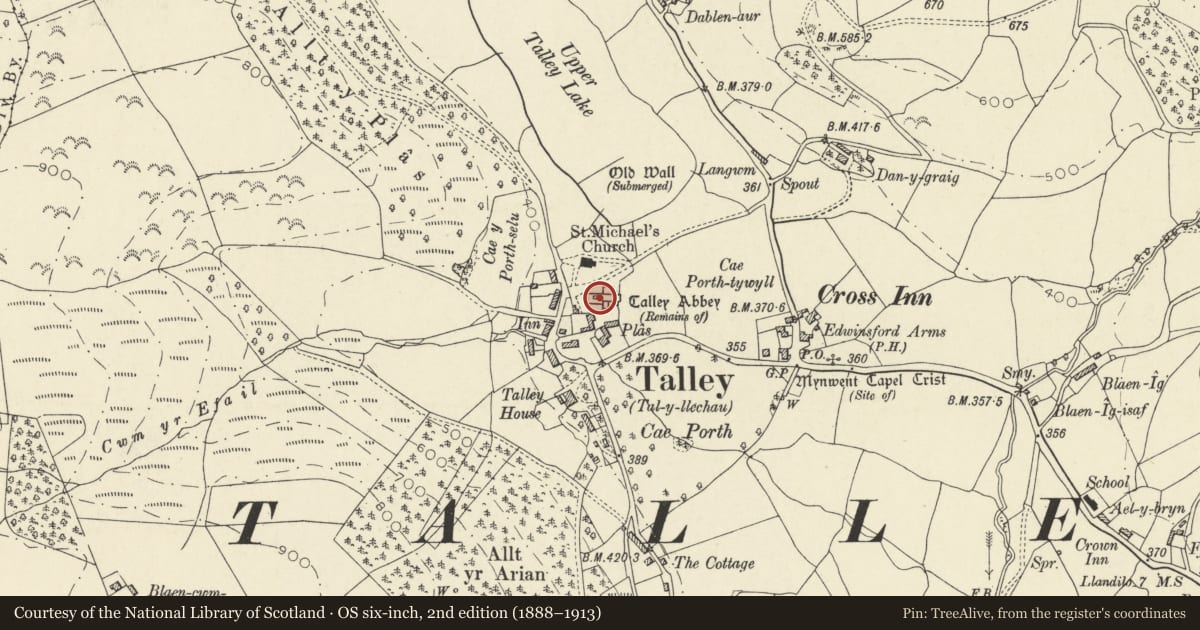 Ordnance Survey six-inch map, 2nd edition (1888–1913) covering the location of Ruin of Talley Abbey, Carmarthenshire, with a pin at the register's coordinates