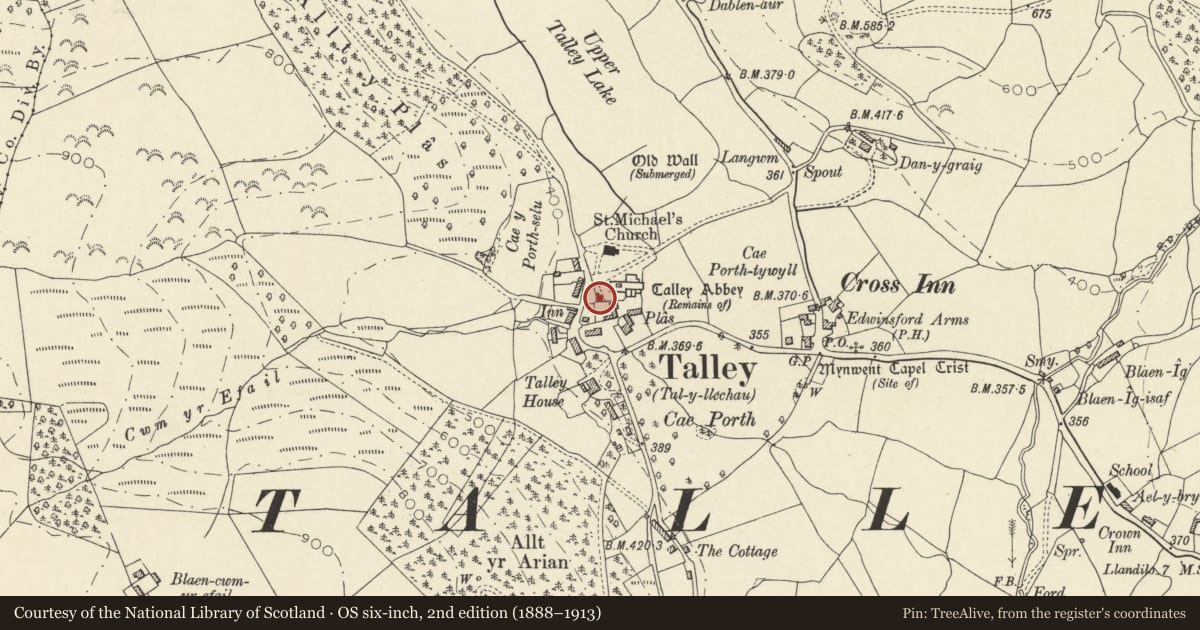 Ordnance Survey six-inch map, 2nd edition (1888–1913) covering the location of Sunday Schoolroom, Talley, Carmarthenshire, with a pin at the register's coordinates