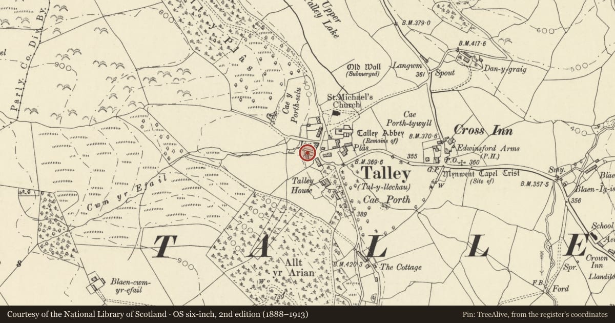 Ordnance Survey six-inch map, 2nd edition (1888–1913) covering the location of Attached Byre Range to right of Kingscourt, Talley, Carmarthenshire, with a pin at the register's coordinates