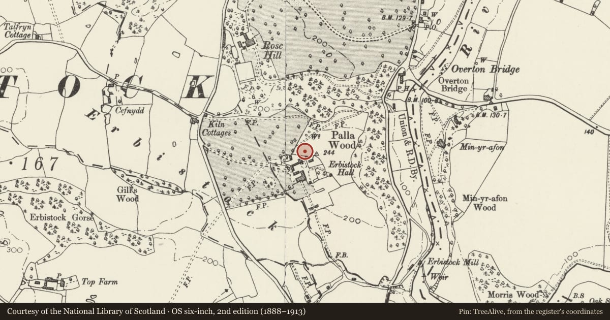 Ordnance Survey six-inch map, 2nd edition (1888–1913) covering the location of Farmbuilding to North of Erbistock Hall, Wrexham, with a pin at the register's coordinates
