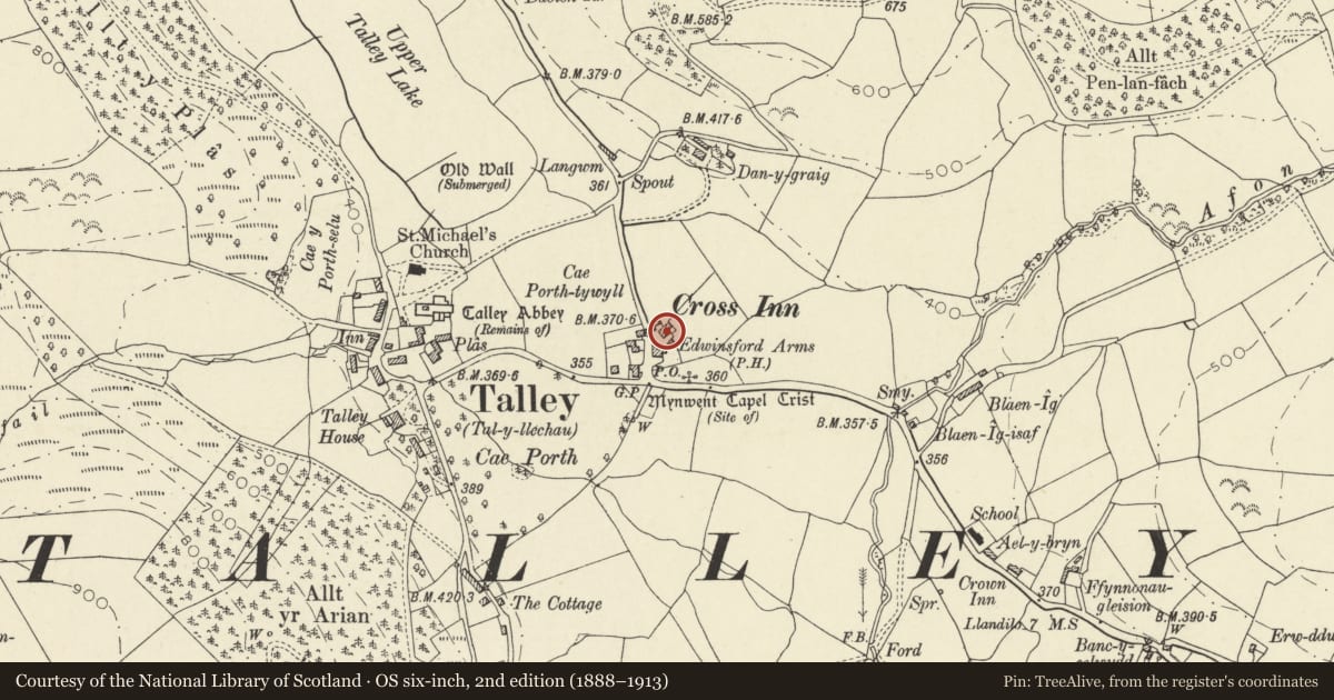 Ordnance Survey six-inch map, 2nd edition (1888–1913) covering the location of The Edwinsford Arms, Talley, Carmarthenshire, with a pin at the register's coordinates