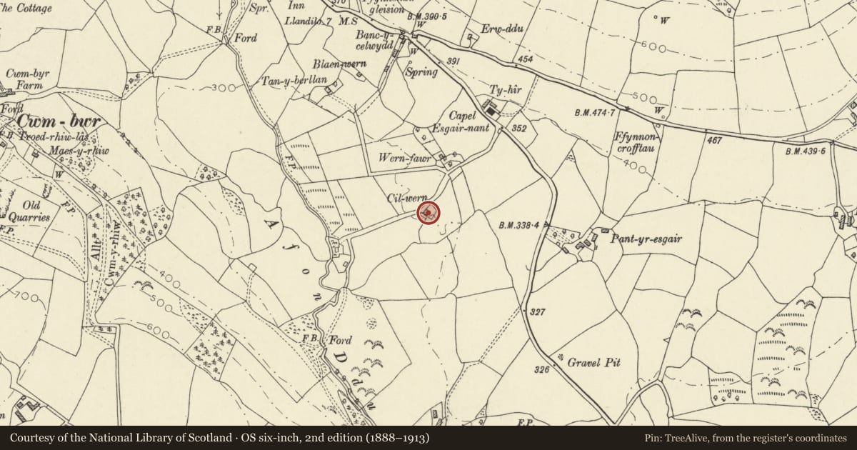 Ordnance Survey six-inch map, 2nd edition (1888–1913) covering the location of Cilwern, Talley, Carmarthenshire, with a pin at the register's coordinates
