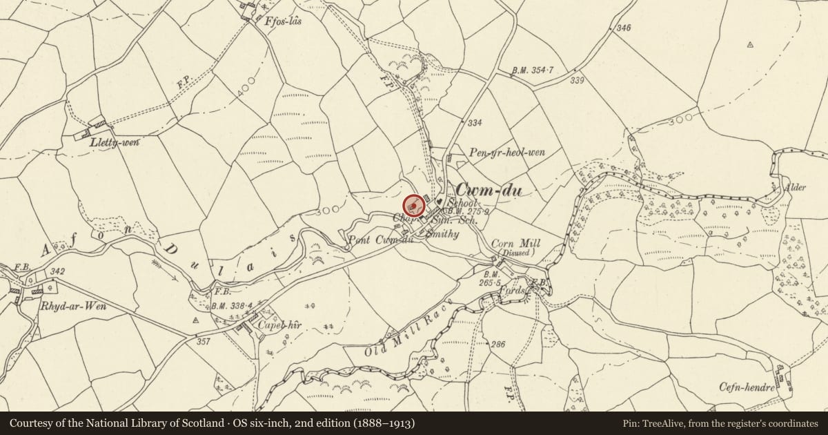 Ordnance Survey six-inch map, 2nd edition (1888–1913) covering the location of Gwanuforfydd House, Talley, Carmarthenshire, with a pin at the register's coordinates