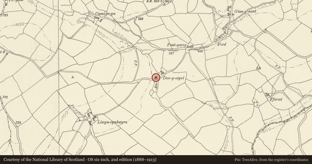 Ordnance Survey six-inch map, 2nd edition (1888–1913) covering the location of Danycapel (Former Farmhouse), Talley, Carmarthenshire, with a pin at the register's coordinates