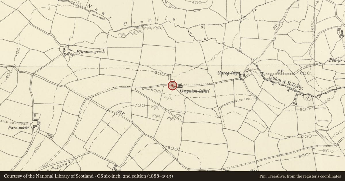 Ordnance Survey six-inch map, 2nd edition (1888–1913) covering the location of Gwynion Llethri Farmhouse, Talley, Carmarthenshire, with a pin at the register's coordinates