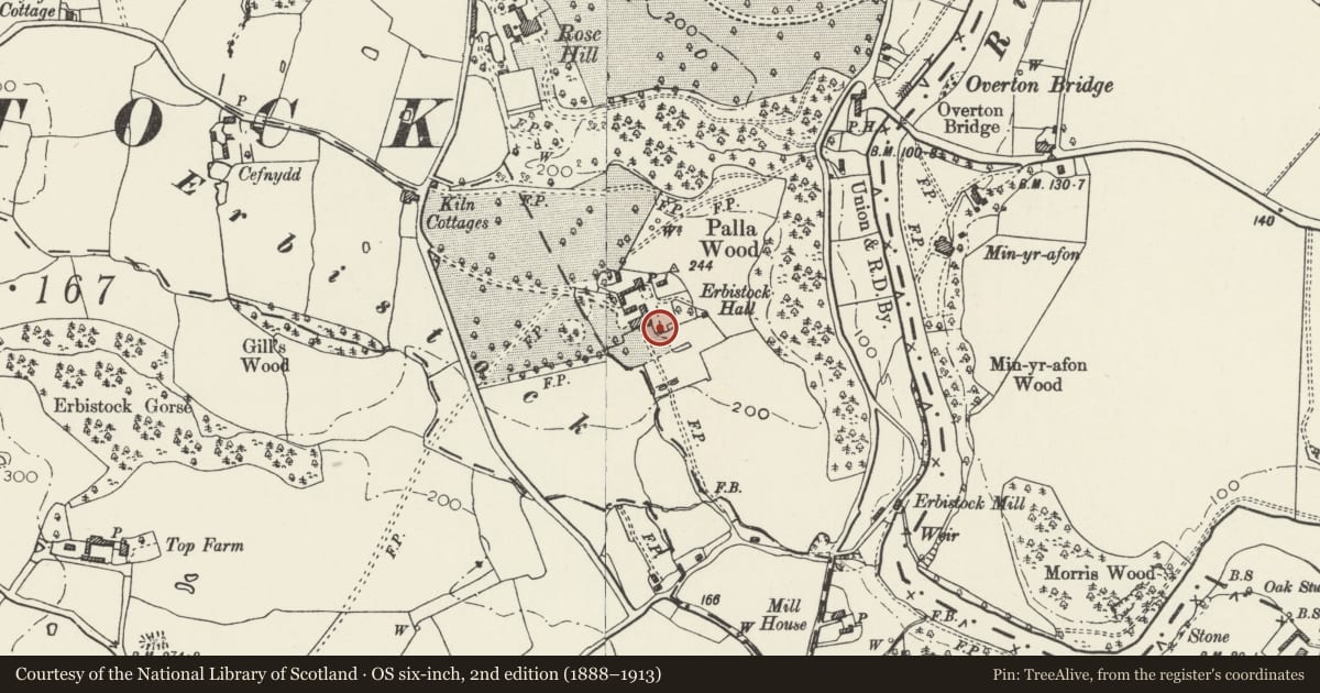 Ordnance Survey six-inch map, 2nd edition (1888–1913) covering the location of Dovecote at Erbistock Hall, Wrexham, with a pin at the register's coordinates
