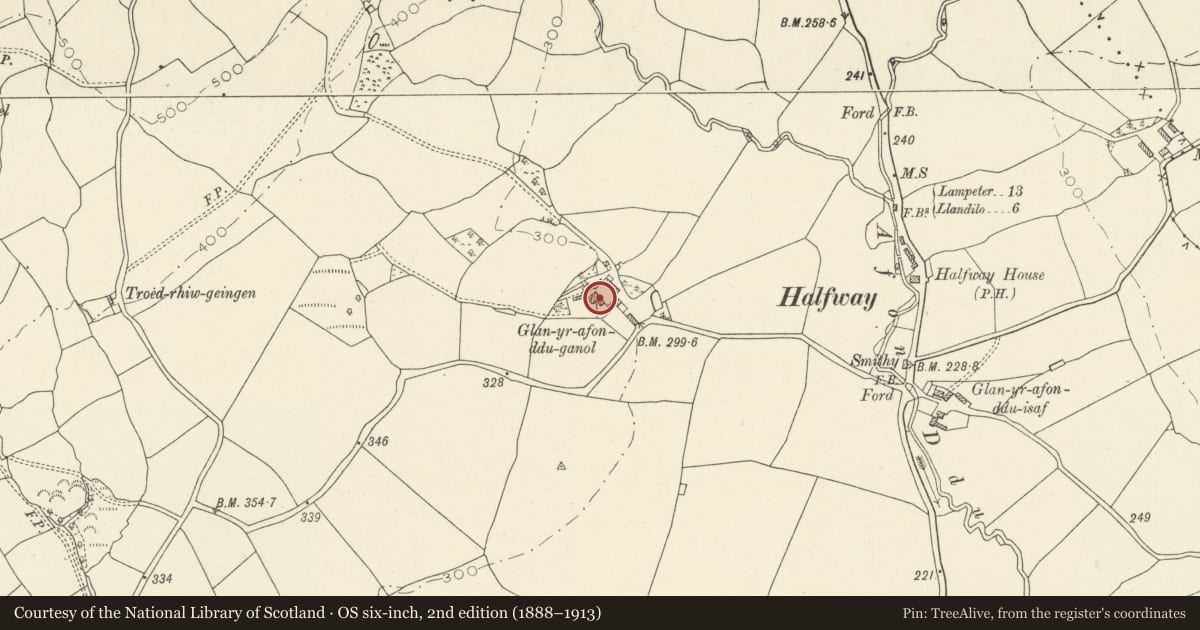 Ordnance Survey six-inch map, 2nd edition (1888–1913) covering the location of Barn at Glanyrafon Ddu Ganol NW of Farmhouse, Talley, Carmarthenshire, with a pin at the register's coordinates