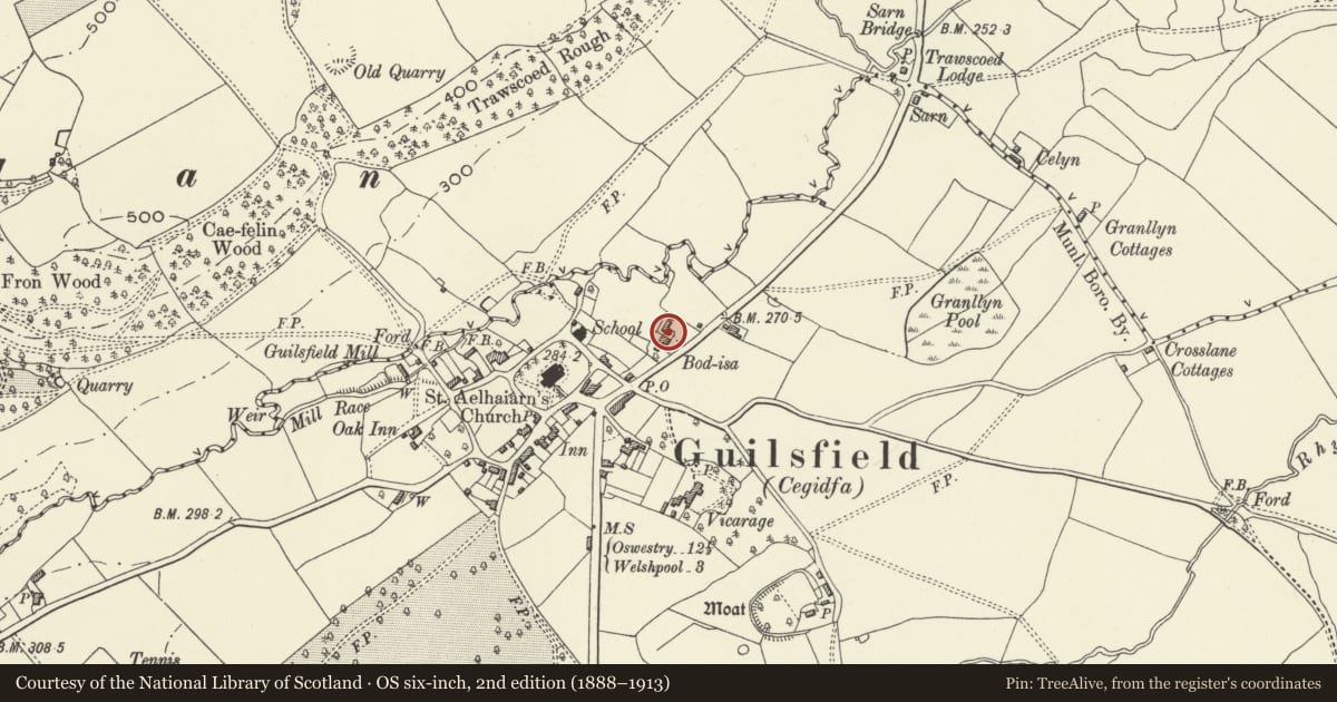 Ordnance Survey six-inch map, 2nd edition (1888–1913) covering the location of Bod-Isa Cottage, Guilsfield, Powys, with a pin at the register's coordinates