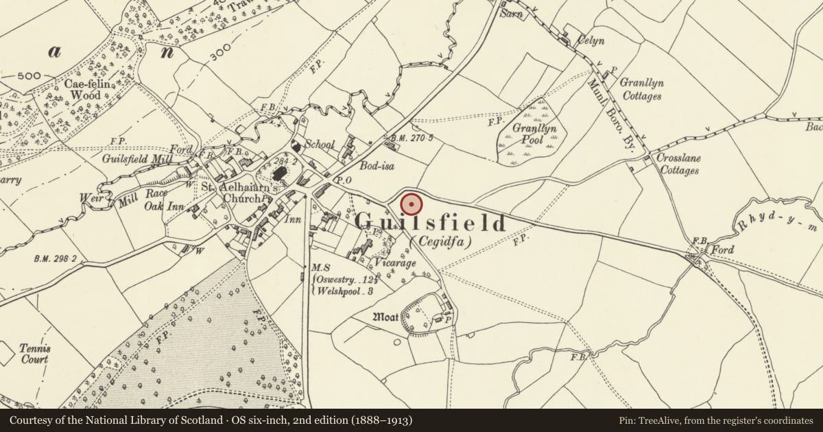 Ordnance Survey six-inch map, 2nd edition (1888–1913) covering the location of Cemetery Chapel, Guilsfield, Powys, with a pin at the register's coordinates