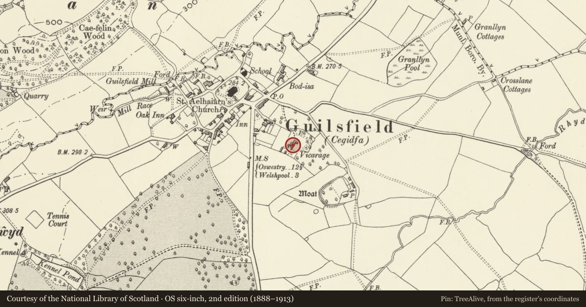Ordnance Survey six-inch map, 2nd edition (1888–1913) covering the location of Glebe House, Guilsfield, Powys, with a pin at the register's coordinates