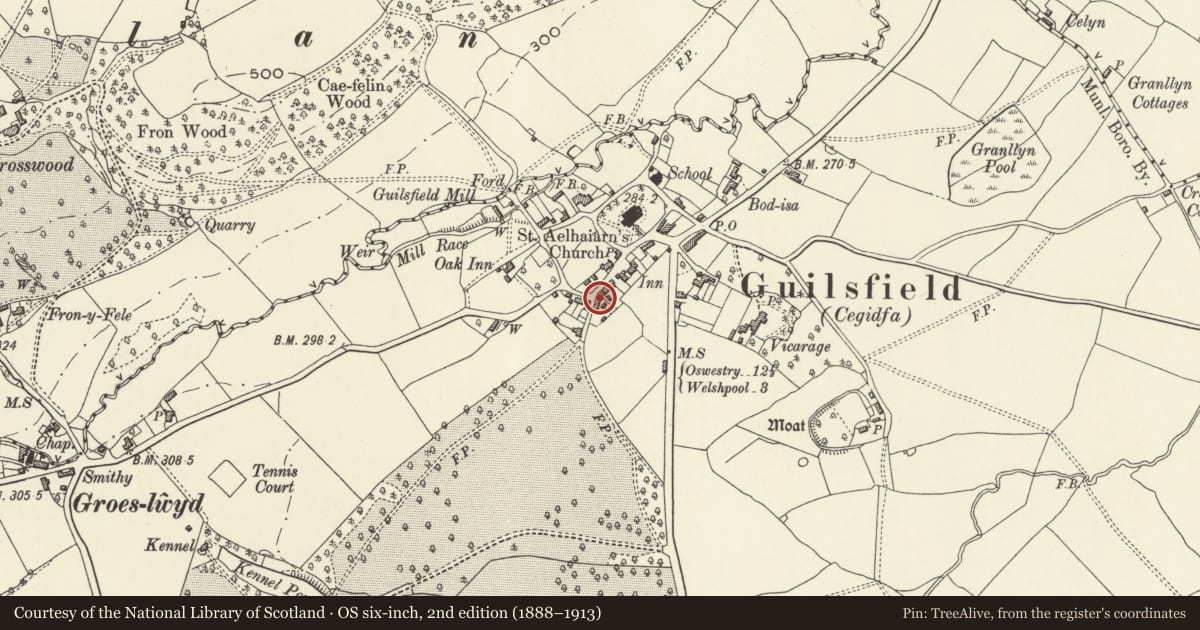 Ordnance Survey six-inch map, 2nd edition (1888–1913) covering the location of The Porches, Guilsfield, Powys, with a pin at the register's coordinates