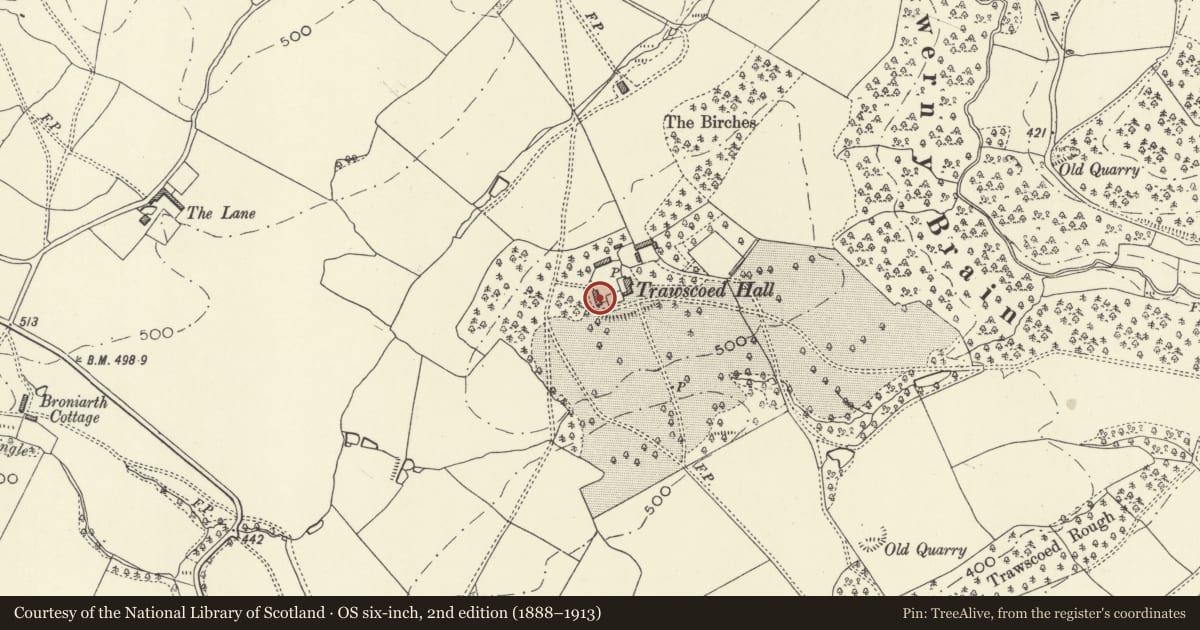 Ordnance Survey six-inch map, 2nd edition (1888–1913) covering the location of Trawscoed Hen (West Wing), Guilsfield, Powys, with a pin at the register's coordinates