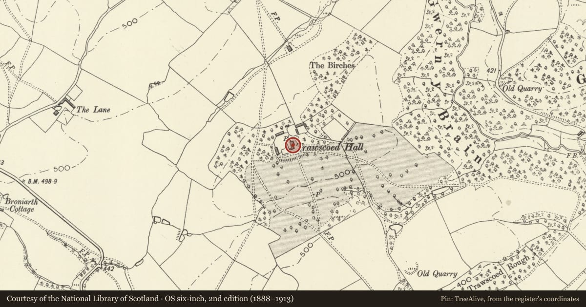 Ordnance Survey six-inch map, 2nd edition (1888–1913) covering the location of Trawscoed Hen (East Wing), Guilsfield, Powys, with a pin at the register's coordinates