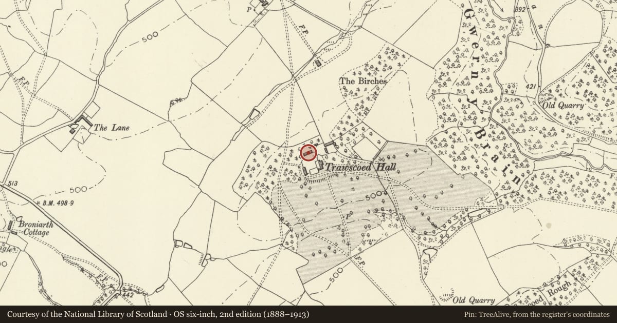 Ordnance Survey six-inch map, 2nd edition (1888–1913) covering the location of Stable Building at Trawscoed Hen, Guilsfield, Powys, with a pin at the register's coordinates