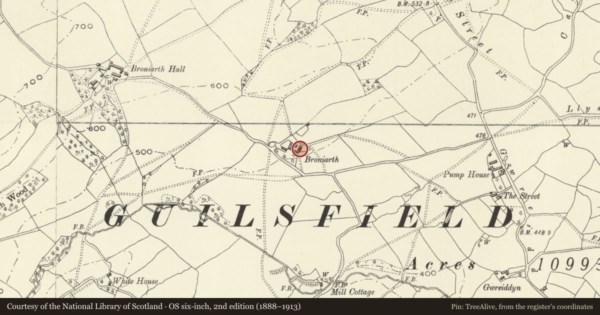 Ordnance Survey six-inch map, 2nd edition (1888–1913) covering the location of Broniarth Farmhouse, Guilsfield, Powys, with a pin at the register's coordinates
