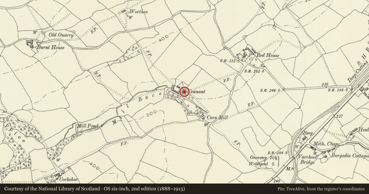 Ordnance Survey six-inch map, 2nd edition (1888–1913) covering the location of Ceunant, Guilsfield, Powys, with a pin at the register's coordinates