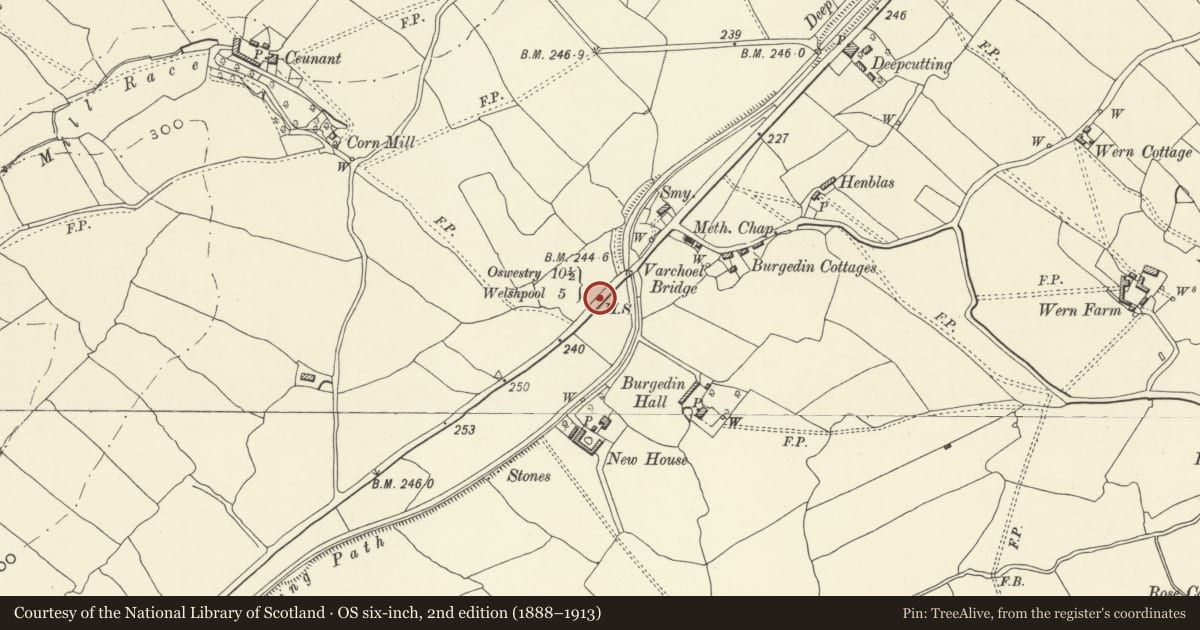 Ordnance Survey six-inch map, 2nd edition (1888–1913) covering the location of Milestone SW of Varchoel Bridge, Guilsfield, Powys, with a pin at the register's coordinates