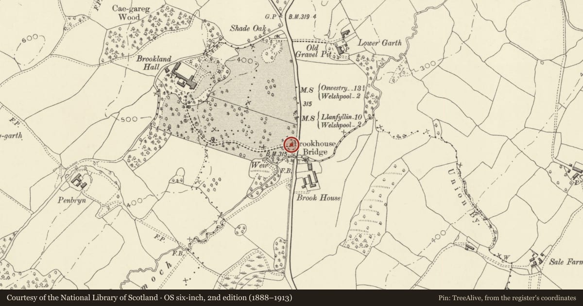 Ordnance Survey six-inch map, 2nd edition (1888–1913) covering the location of Entrance Gate Piers and attached walls to Brooklands Hall, Guilsfield, Powys, with a pin at the register's coordinates