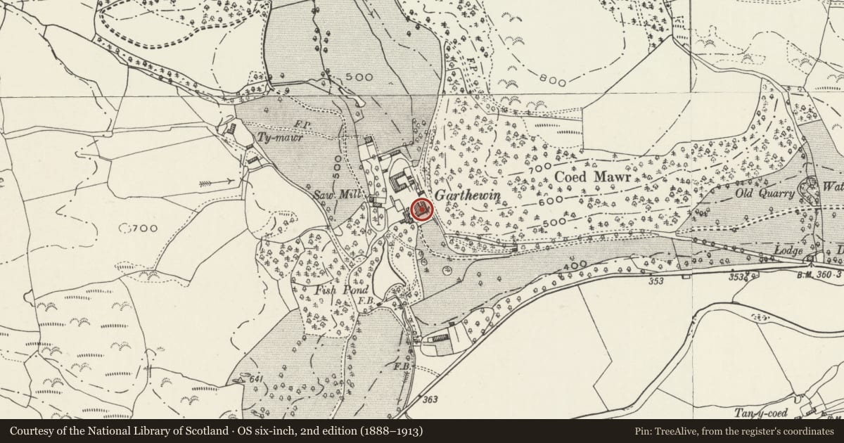 Ordnance Survey six-inch map, 2nd edition (1888–1913) covering the location of Garthewin, Llanfair Talhaiarn, Conwy, with a pin at the register's coordinates