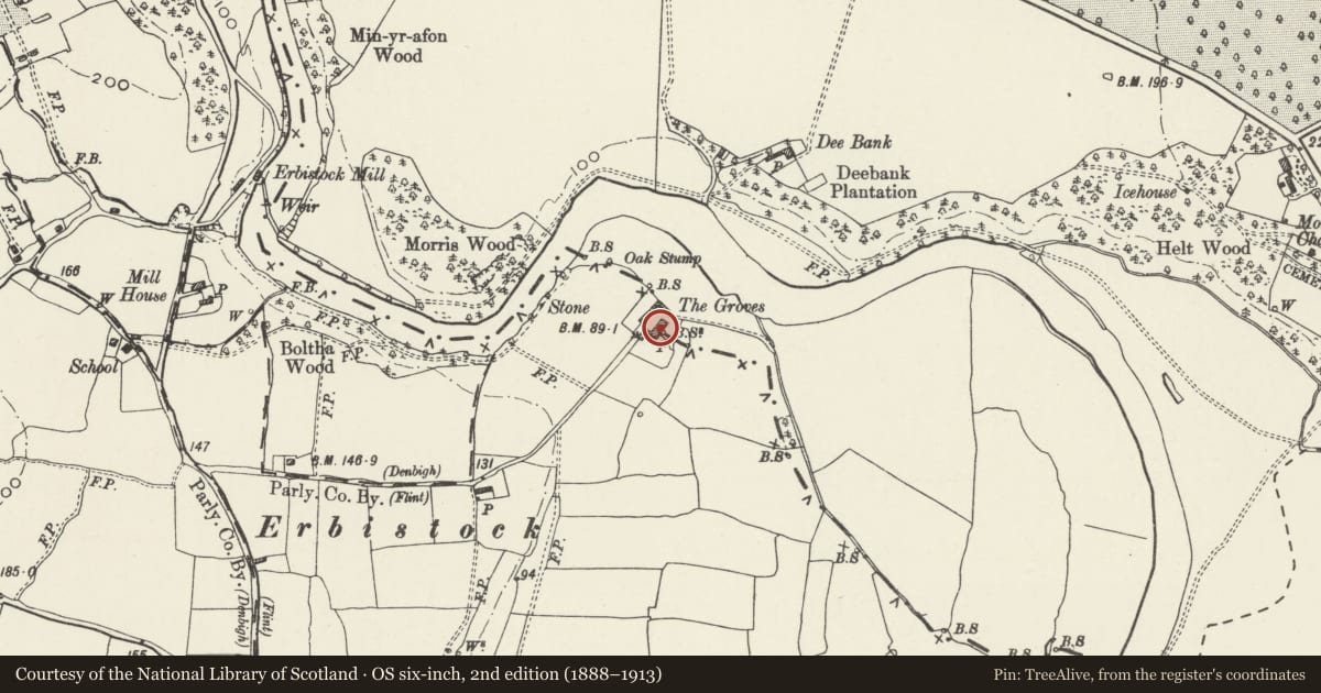 Ordnance Survey six-inch map, 2nd edition (1888–1913) covering the location of The Groves (Also Known as Grove Farm), Erbistock, Wrexham, with a pin at the register's coordinates