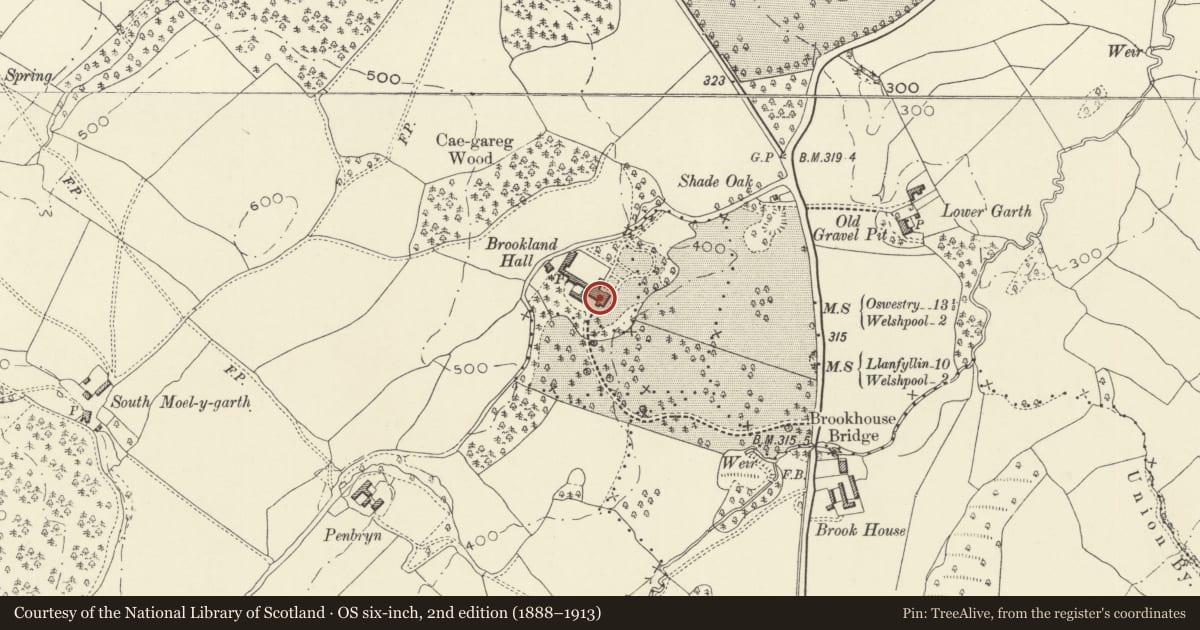 Ordnance Survey six-inch map, 2nd edition (1888–1913) covering the location of Brooklands Hall (School and Golf Academy), Guilsfield, Powys, with a pin at the register's coordinates
