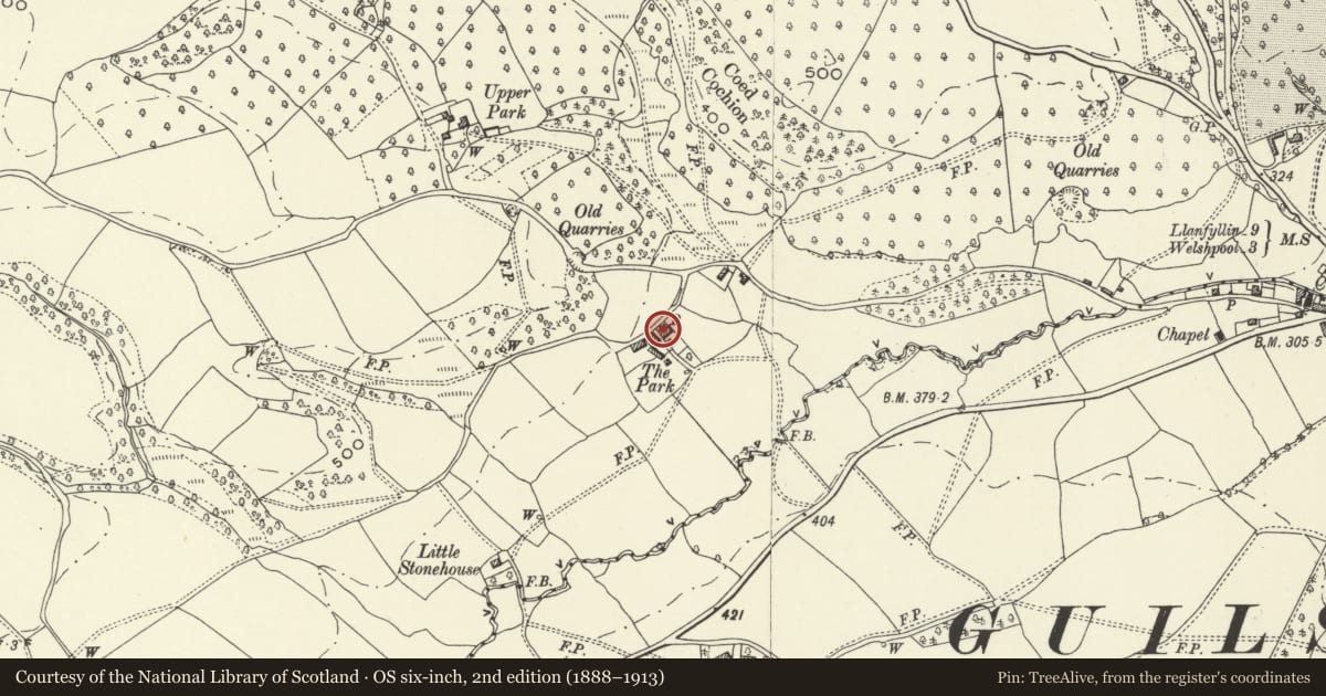 Ordnance Survey six-inch map, 2nd edition (1888–1913) covering the location of Park Farmhouse, Guilsfield, Powys, with a pin at the register's coordinates