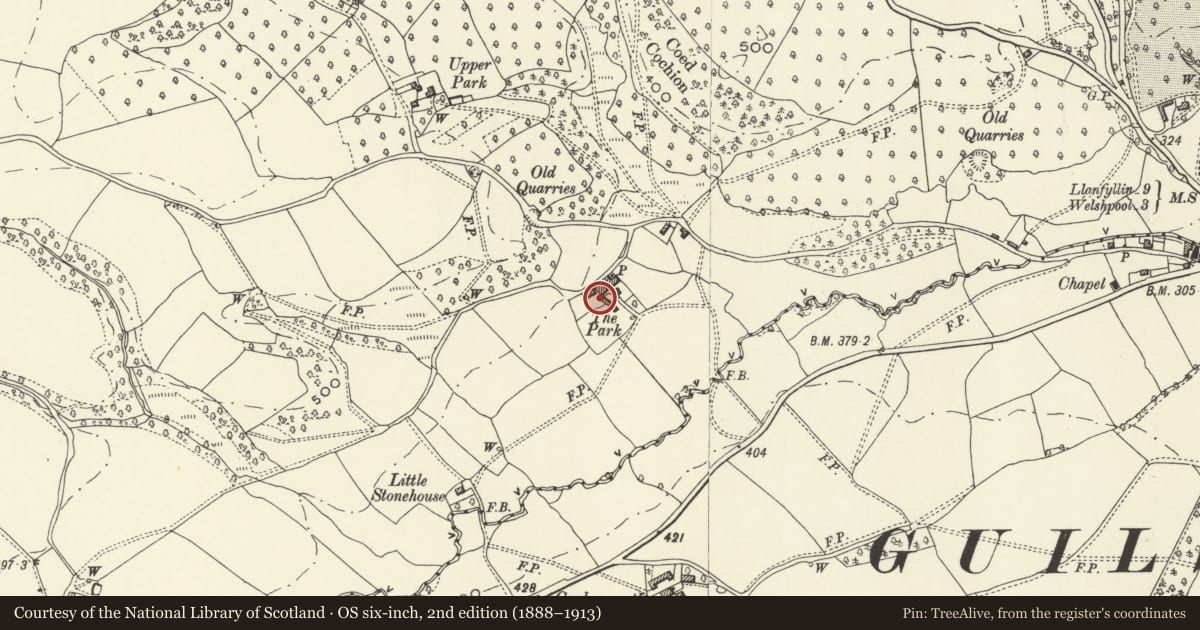 Ordnance Survey six-inch map, 2nd edition (1888–1913) covering the location of Barn at Park Farm, Guilsfield, Powys, with a pin at the register's coordinates
