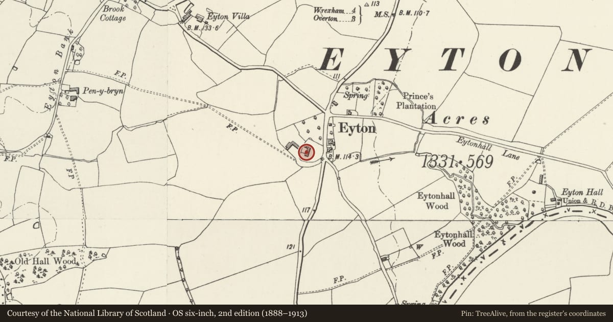 Ordnance Survey six-inch map, 2nd edition (1888–1913) covering the location of Manor Farmhouse (Also Known As Eyton Manor Farmhouse), Erbistock, Wrexham, with a pin at the register's coordinates