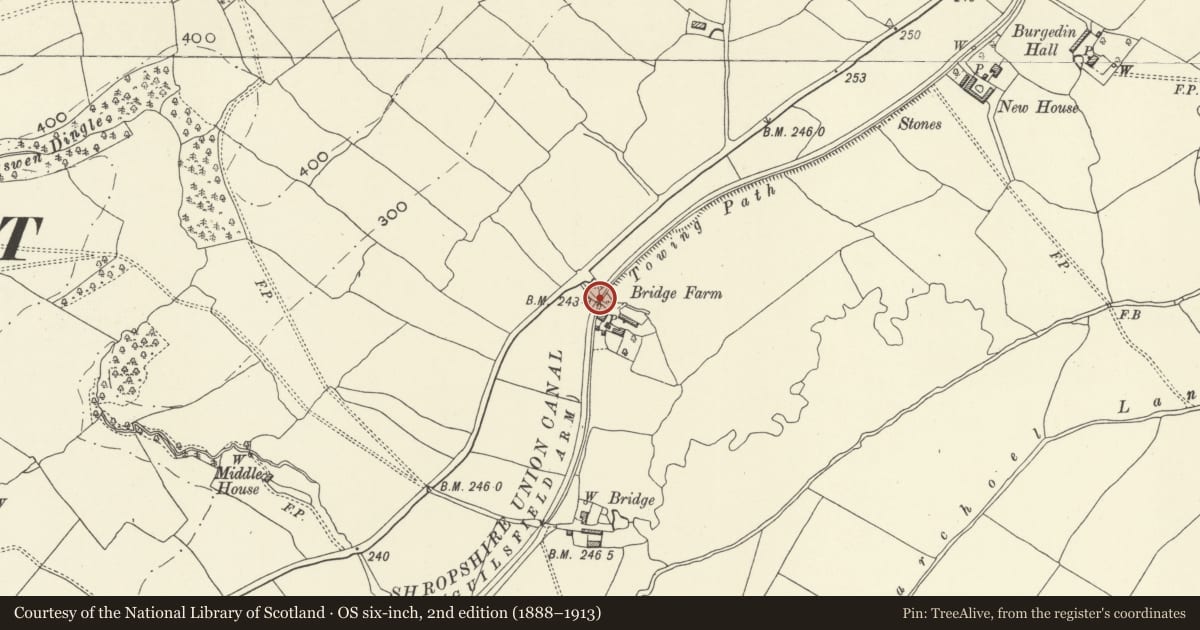 Ordnance Survey six-inch map, 2nd edition (1888–1913) covering the location of Canal Bridge on Roadway to Bridge Farm, Guilsfield, Powys, with a pin at the register's coordinates