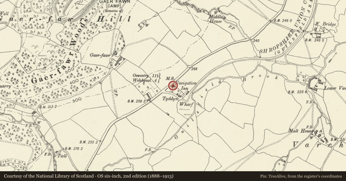 Ordnance Survey six-inch map, 2nd edition (1888–1913) covering the location of 2 B4392, Guilsfield, Powys, with a pin at the register's coordinates